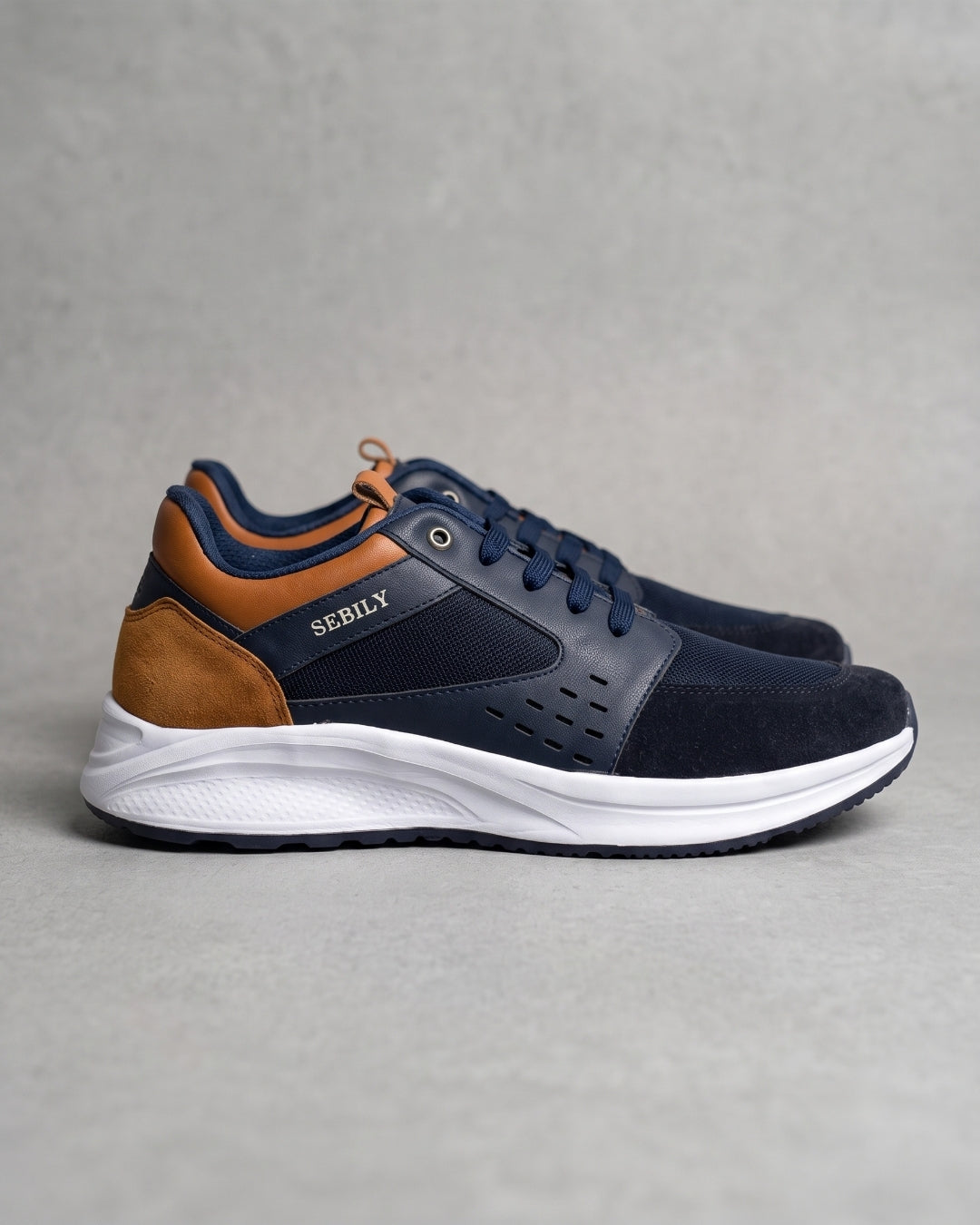 Sebily Mixed-Material Sneaker - Navy/Tan