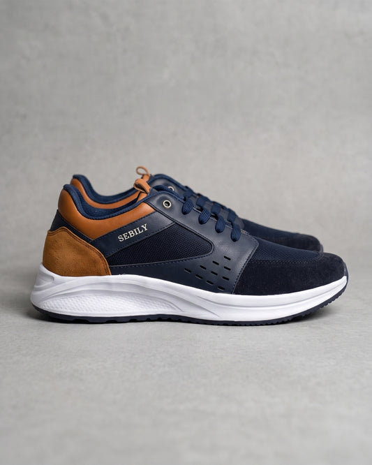 Sebily Mixed-Material Sneaker - Navy/Tan