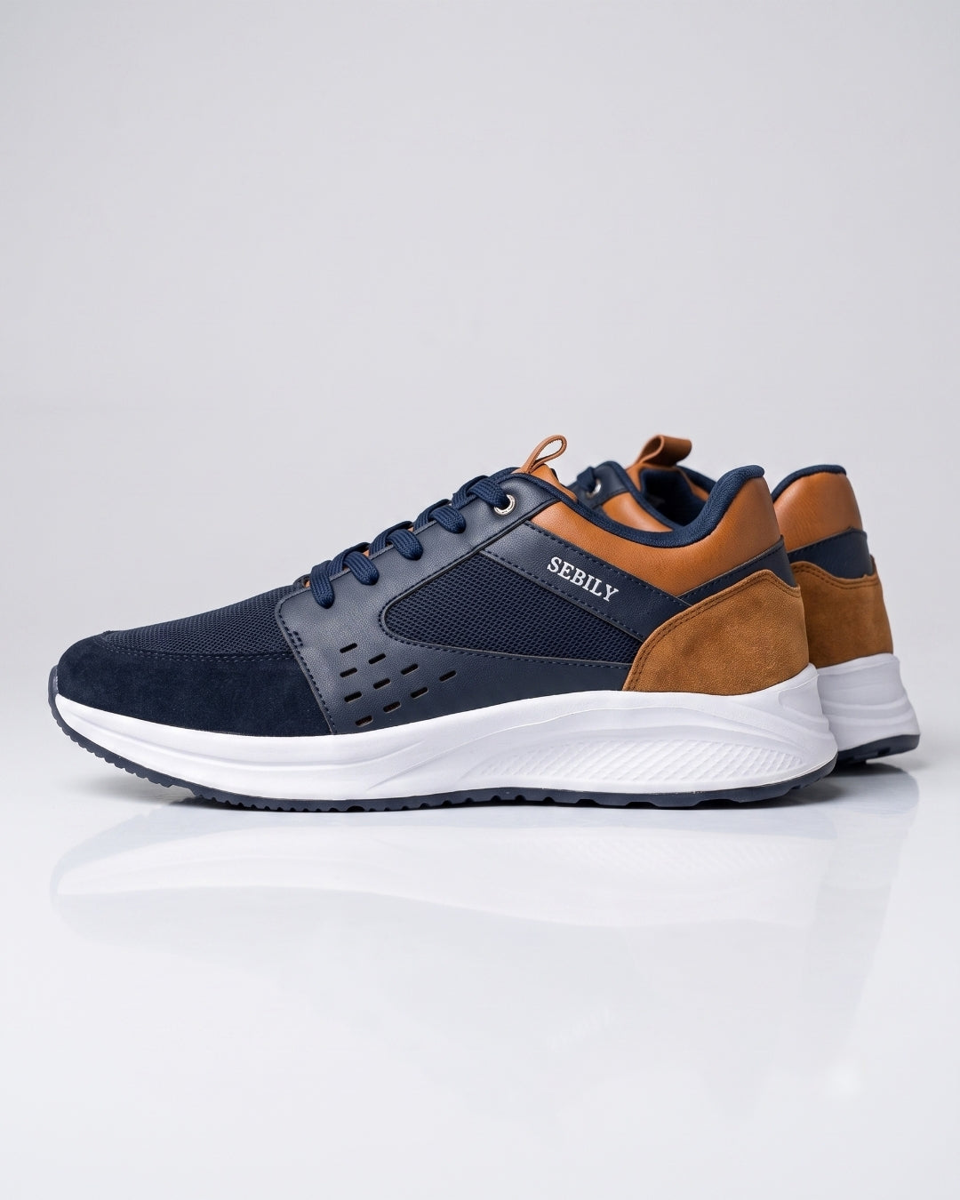 Sebily Mixed-Material Sneaker - Navy/Tan