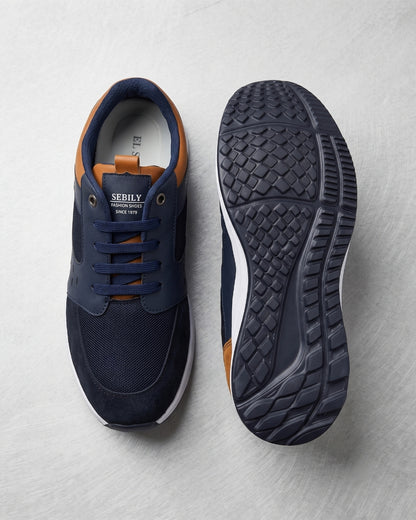 Sebily Mixed-Material Sneaker - Navy/Tan